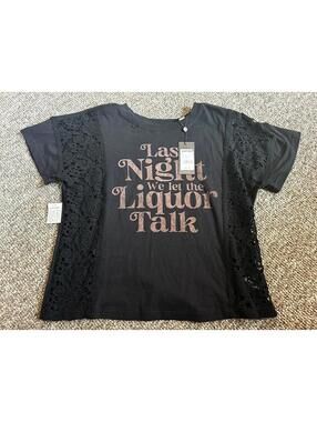 Boot Barn Women's Black Lace Sleeve T-Shirt with 'Last Night We Let the Liquor'